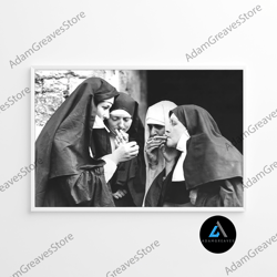 Framed Canvas Ready To Hang, Nuns Smoking Cigarettes Black And White Vintage Retro Photography Wall Art Canvas Framed Po