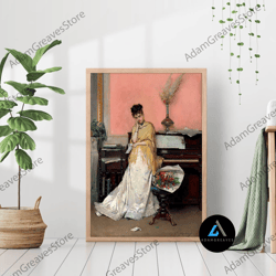 framed canvas ready to hang, victorian woman portrait with piano vintage canvas print poster frame oil painting flowers