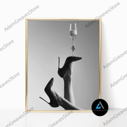framed canvas ready to hang, wine glass on high heels black and white vintage retro photo fashion bedroom happy hour bar