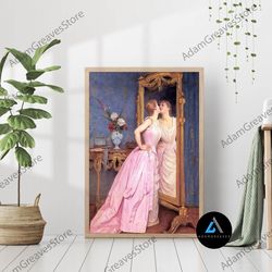 framed canvas ready to hang, woman looking mirror pink dress vanity vintage portrait canvas print poster framed oil pain