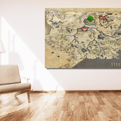 map of hyrule from legend of zelda poster art print, legend of zelda print canvas wall art, game room wall art decor, ki