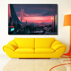 retro futurism canvas wall art, neo futuristic cyberpunk city canvas poster, man cave home wall decor, canvas print, liv
