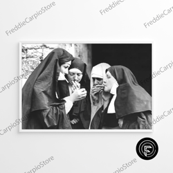 Decorative Wall Art, Nuns Smoking Cigarettes Black And White Vintage Retro Photography Wall Art Canvas Framed Poster Pri
