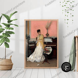 decorative wall art, victorian woman portrait with piano vintage canvas print poster frame oil painting flowers retro ae