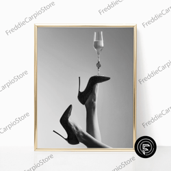 decorative wall art, wine glass on high heels black and white vintage retro photo fashion bedroom happy hour bar wall ar