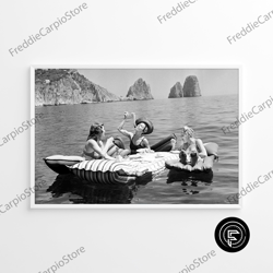 decorative wall art, women eating pasta on lake italy black & white vintage old retro photo trendy wall art poster canva