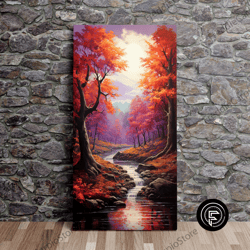 river running through red forest leaves, nature art, autumn art, fall art, scenic wall art, canvas art, canvas print, re