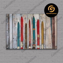 high quality decorative wall art, large old skis on canvas, oversized vintage ski poster, skiing wall art set, mountain