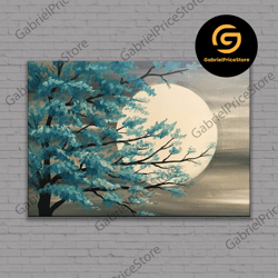 high quality decorative wall art, tree and moon wall art, moon poster, green tree landscape canvas art, blue tree and fu