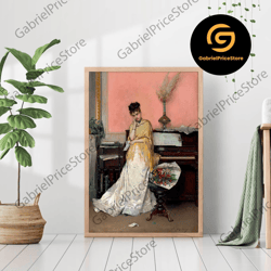 high quality decorative wall art, victorian woman portrait with piano vintage canvas print poster frame oil painting flo