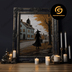 High Quality Decorative Wall Art, Salem Witch With Her Black Cats, Halloween Landscape Vintage Style Folk Art, Horror Ar