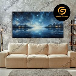 high quality decorative wall art, starry night sky, framed canvas print, beautiful oil painting, minimalist boho style w