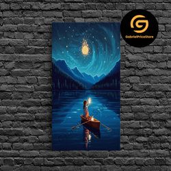 high quality decorative wall art, starry night, girl wizard lights up the night sky, fantasy art, framed canvas print, f