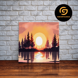 high quality decorative wall art, sunrise over the lake and forest, lakehouse landscape art, orange and red tones, frame