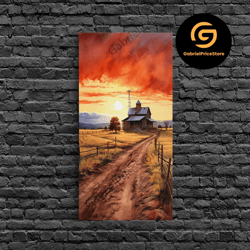 high quality decorative wall art, sunset over kansas farmhouse, framed canvas print or poster