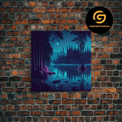 high quality decorative wall art, vaporwave full moon over the lake at midnight, framed canvas print, subdued art, water