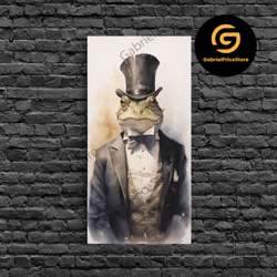high quality decorative wall art, victorian frog portrait, framed canvas print or poster, cottagecore animal wall art, h
