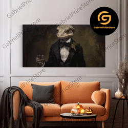 high quality decorative wall art, victorian gecko business man, witch's familiar art, halloween decor, framed canvas pri
