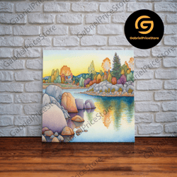 high quality decorative wall art, whimsical light tones watercolor landscape, framed canvas print, watercolor painting,