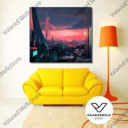 decorative wall art, retro futurism canvas wall art, neo futuristic cyberpunk city canvas poster, man cave home wall dec