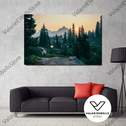 decorative wall art, sunset forest trees wall art, nature forest poster art, sunset canvas wall art print, foggy forest