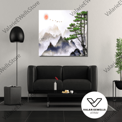decorative wall art, japanese pine tree and birds landscape wall art, japanese wall decor, mountain canvas wall art prin