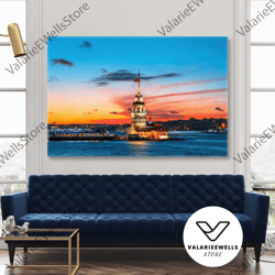 maiden's tower istanbul maiden's tower flying birds sunset landscape roll up canvas, stretched canvas art, framed wall a