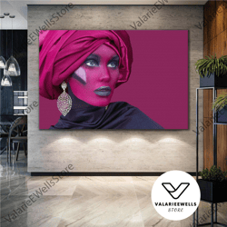 make up woman with pink earrings and feathers roll up canvas, stretched canvas art, framed wall art painting