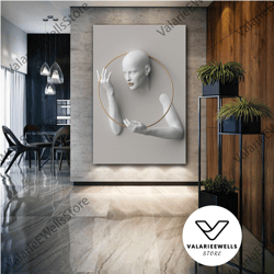 marble woman in golden circle frame with relief effect roll up canvas, stretched canvas art, framed wall art painting