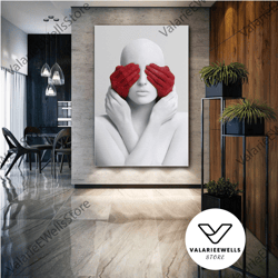 marble woman wall art, red gloves canvas art, modern room wall decor, roll up canvas, stretched canvas art, framed wall