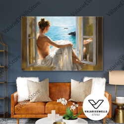 model in white dress sitting window seascape roll up canvas, stretched canvas art, framed wall art painting