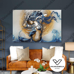 model mermaid with flying blue hair roll up canvas, stretched canvas art, framed wall art painting