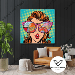 model pop art with hamburger donut reflected in her pink glasses roll up canvas, stretched canvas art, framed wall art p