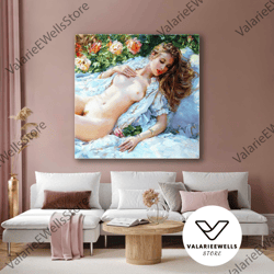 model reclining among flowers with oil painting effect roll up canvas, stretched canvas art, framed wall art painting