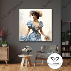 model with blue floating dress and white hat gold detail roll up canvas, stretched canvas art, framed wall art painting