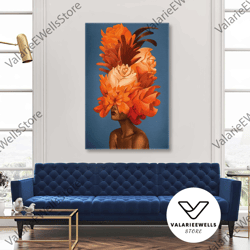 model with burgundy lipstick and orange flowers on her head roll up canvas, stretched canvas art, framed wall art painti