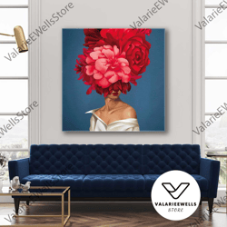model with red flowers on her head roll up canvas, stretched canvas art, framed wall art painting-1