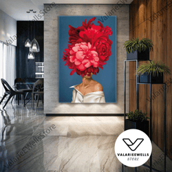 model with red flowers on her head roll up canvas, stretched canvas art, framed wall art painting