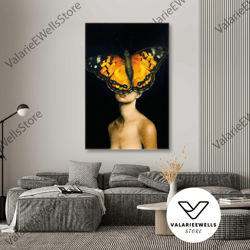 model with red lipstick and yellow butterflies on her face roll up canvas, stretched canvas art, framed wall art paintin
