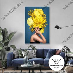 model with red lipstick and yellow flowers on her head roll up canvas, stretched canvas art, framed wall art painting