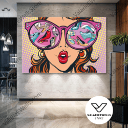 model with shoes reflected in her pink glasses pop art roll up canvas, stretched canvas art, framed wall art painting-1