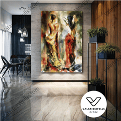 nude women wall art, yellow and red dress canvas art, elegance wall decor, roll up canvas, stretched canvas art, framed