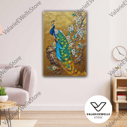 oil paint effect peacock branch nature roll up canvas, stretched canvas art, framed wall art painting