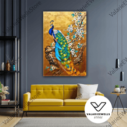 oil paint effect peacock gold cherry tree roll up canvas, stretched canvas art, framed wall art painting