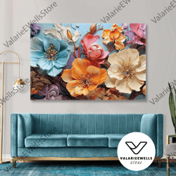 orange blue pink flowers decorative roll up canvas, stretched canvas art, framed wall art painting-1