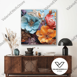 orange blue pink flowers decorative roll up canvas, stretched canvas art, framed wall art painting