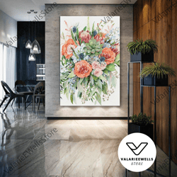 orange flower wall art, flower bouquet canvas art, floral wall decor, roll up canvas, stretched canvas art, framed wall