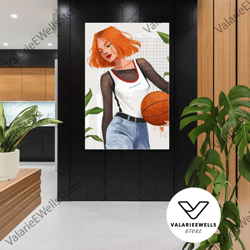 orange hair girl wall art, basketball canvas art, boho wall art decor, roll up canvas, stretched canvas art, framed wall