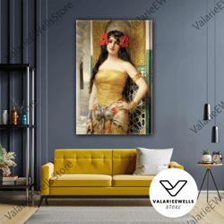 ottoman harem beauty with oil paint effect flower buckle girl roll up canvas, stretched canvas art, framed wall art pain