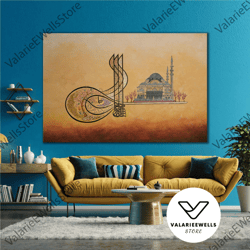 ottoman tura mosque with calligraphy effect roll up canvas, stretched canvas art, framed wall art painting